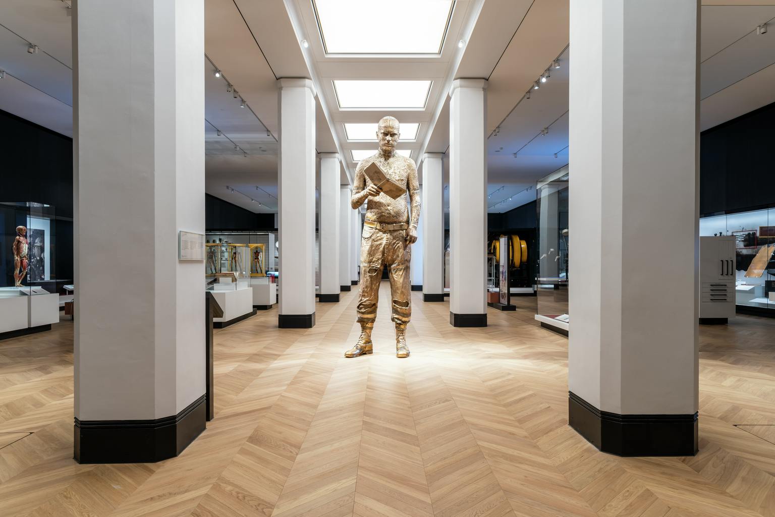 "Wellcome Galleries at Science Museum: modern venue with central sculpture for events"