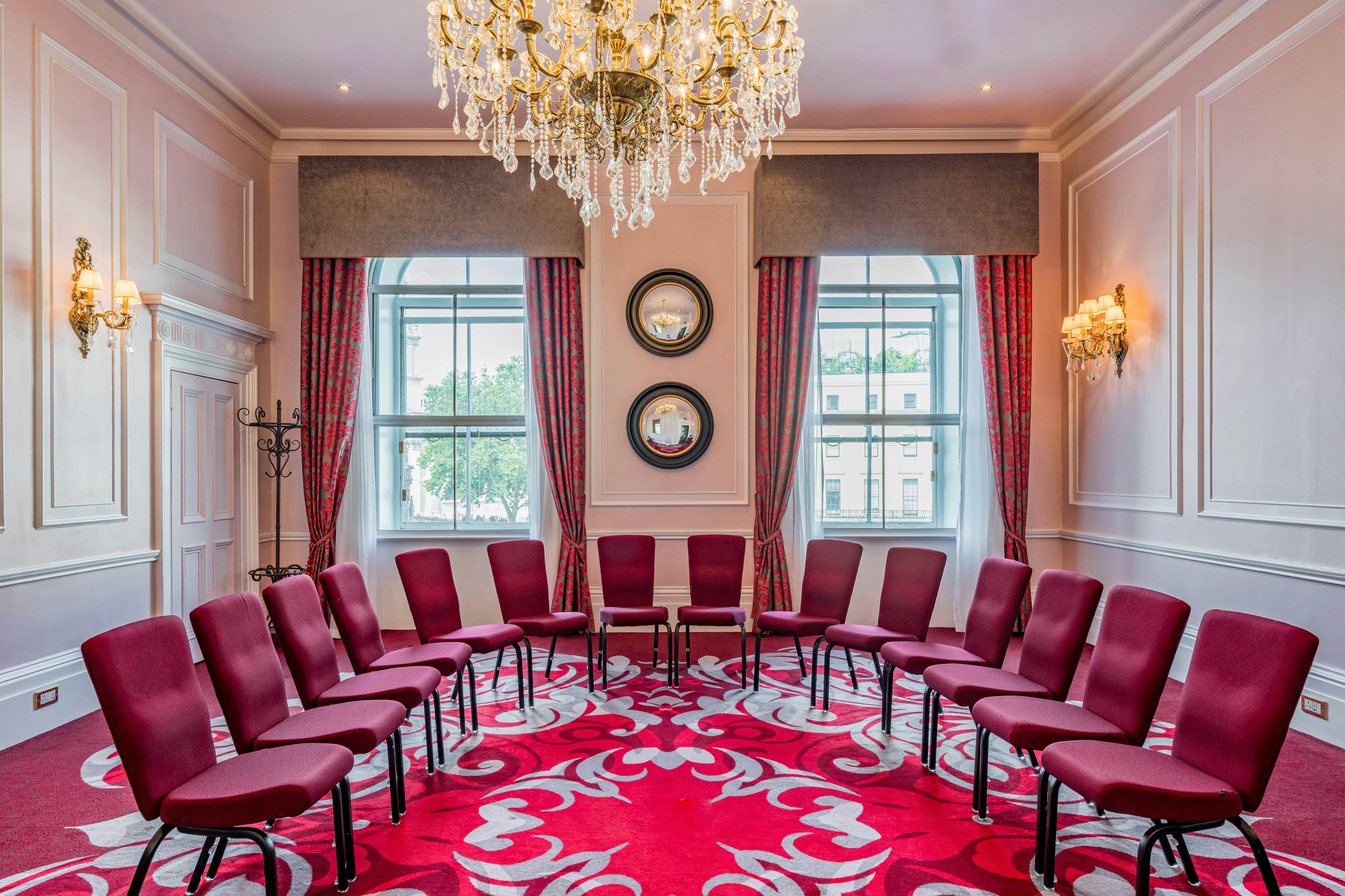 Elegant meeting room at The Clermont Charing Cross, perfect for workshops and gatherings.