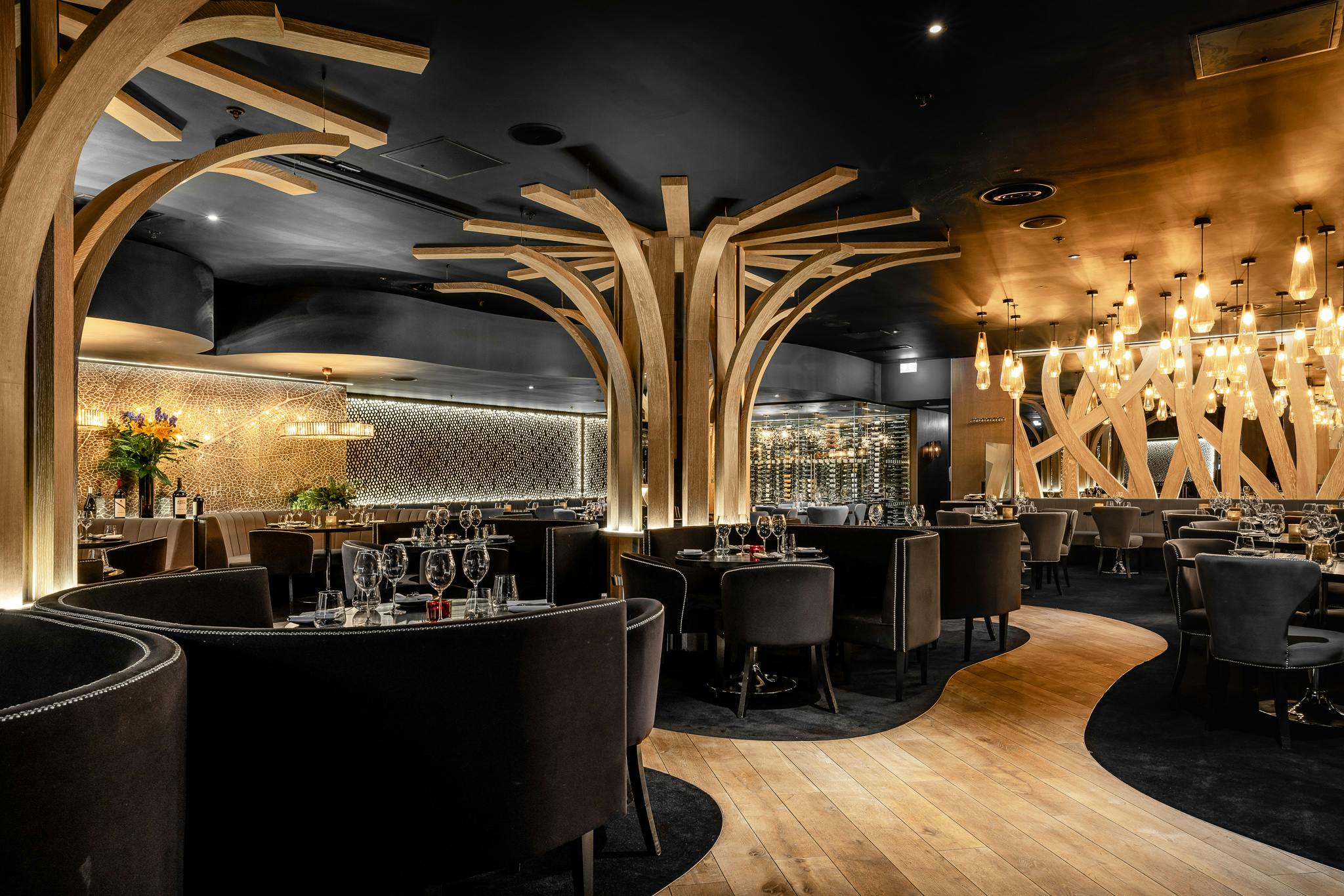 Sophisticated dining venue in Gaucho Edinburgh with unique tree-like decor for upscale events.