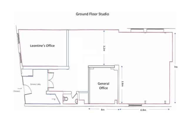 Ground floor studio layout for events, featuring Leontine's Office and collaborative spaces.