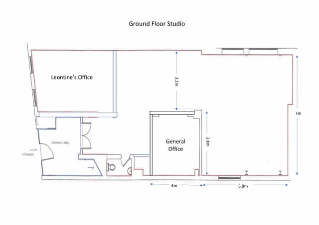 Ground floor studio layout for events, featuring Leontine's Office and collaborative spaces.