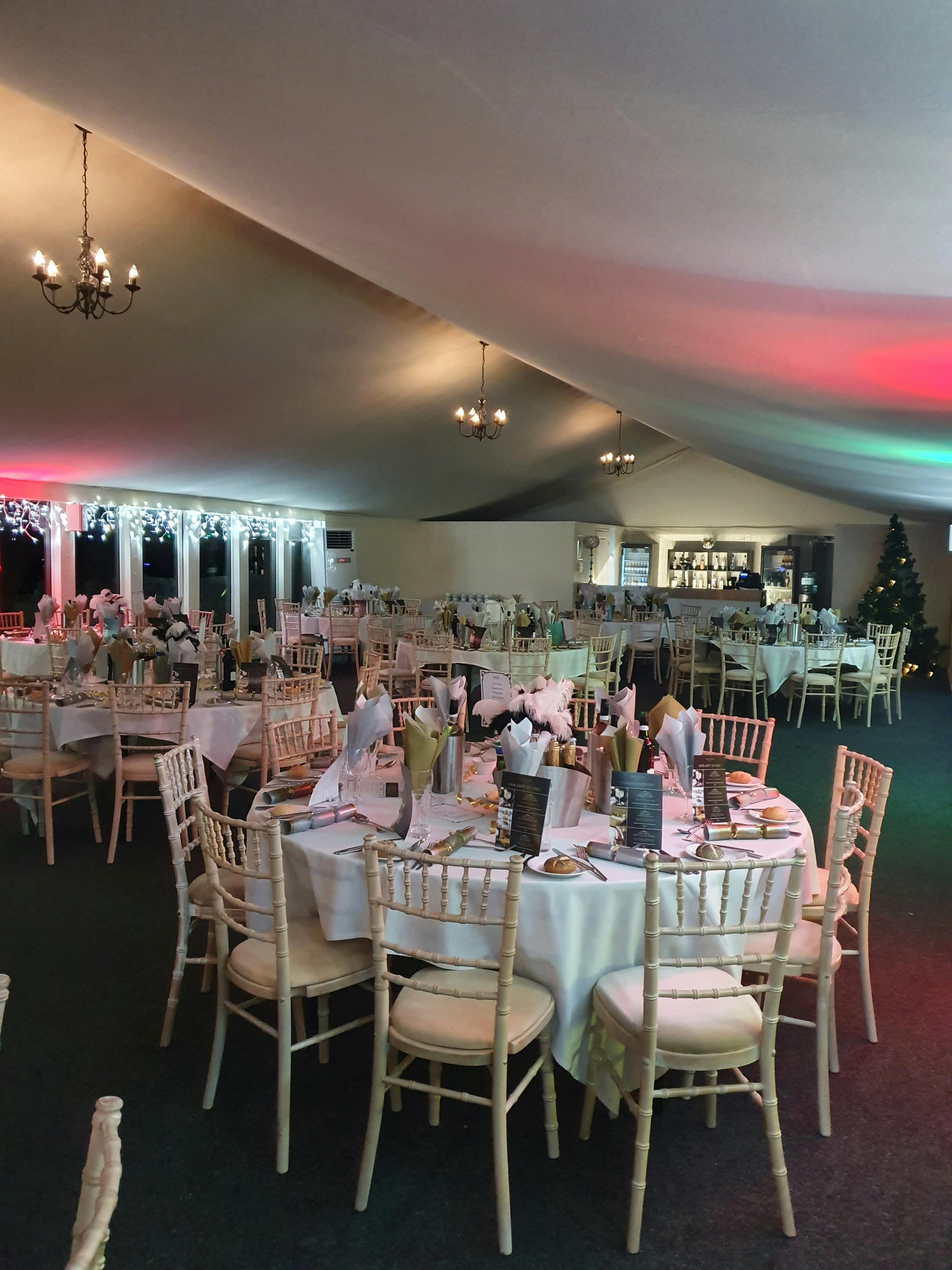 Terrace Marquee at Hunton Park Hotel, elegant setup for festive gatherings and formal dinners.