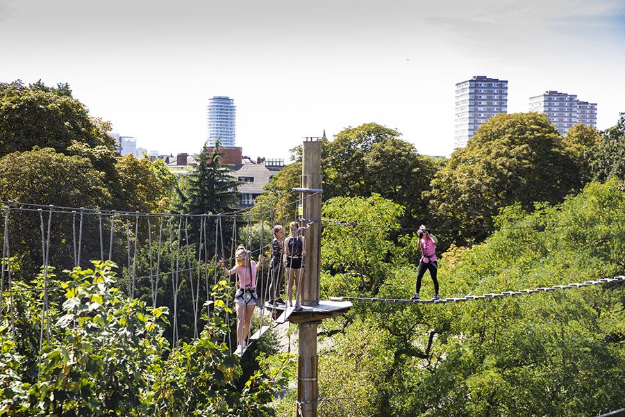 Outdoor team-building ropes course at Go Ape Battersea, ideal for corporate events. - Banner