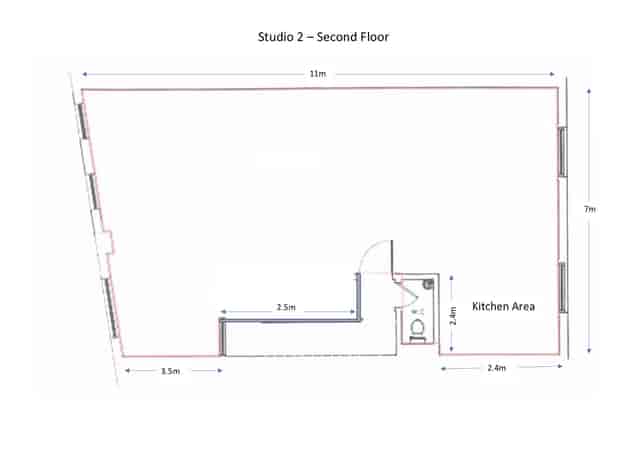 Second Floor Studio layout, 12m x 7m, ideal for workshops and meetings.