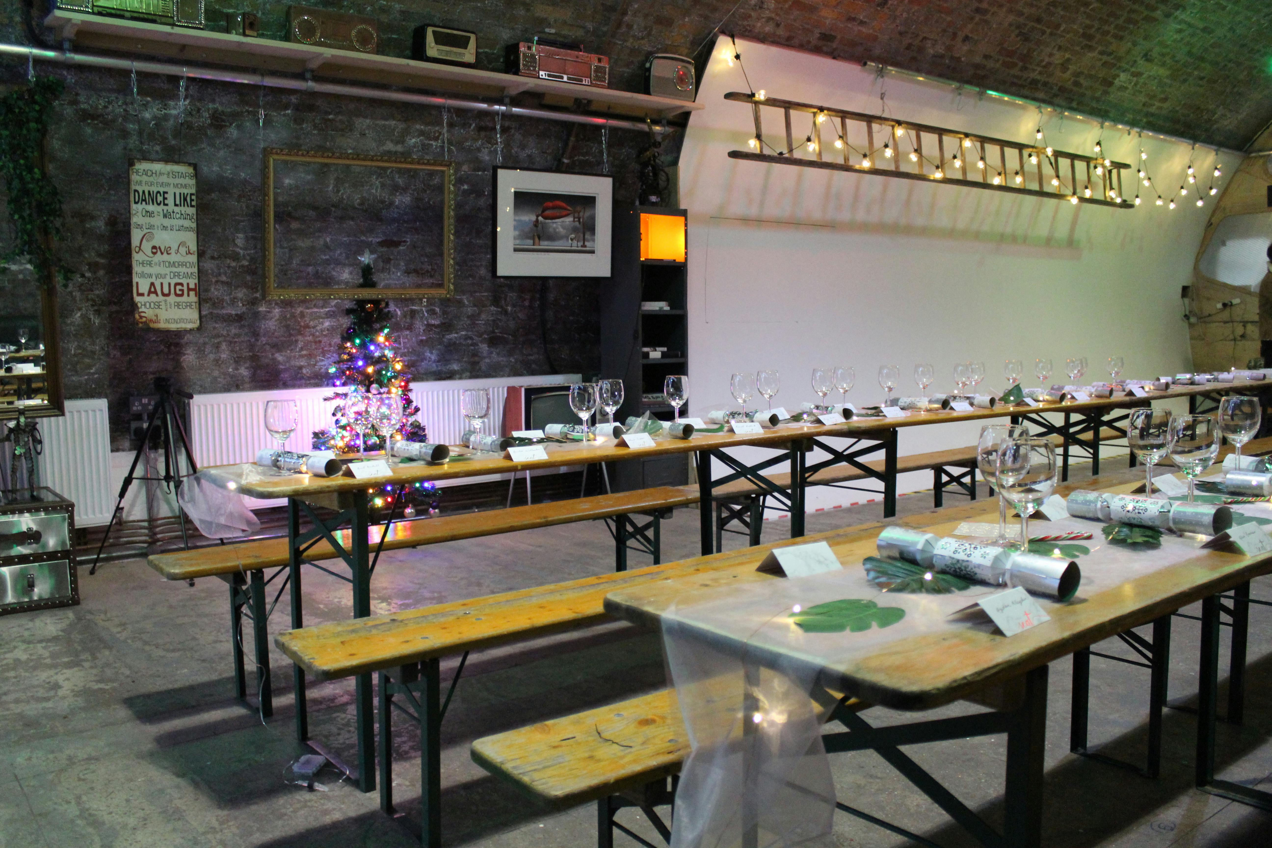 Rustic event space in Studio Z Brixton, ideal for festive gatherings and holiday parties.