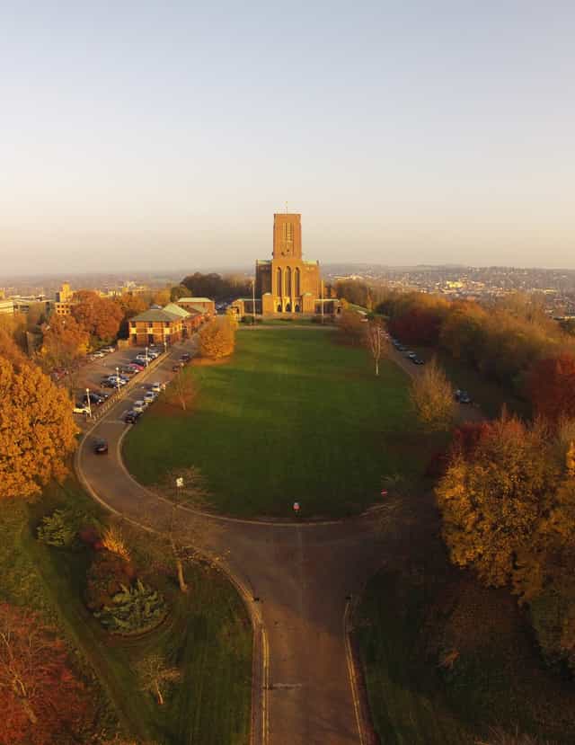 Guildford Cathedral main room, spacious lawn, ideal for weddings and outdoor events.