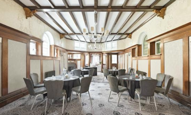 Ballroom at Richmond Hill Hotel with elegant wood paneling, ideal for meetings and events. - Banner