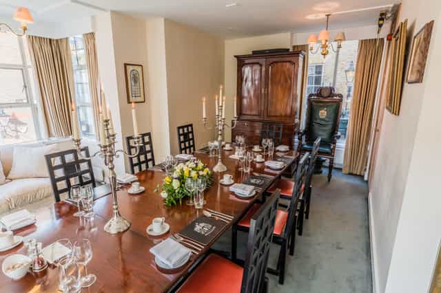 Elegant dining room in Founders' Hall, perfect for upscale events and networking dinners.