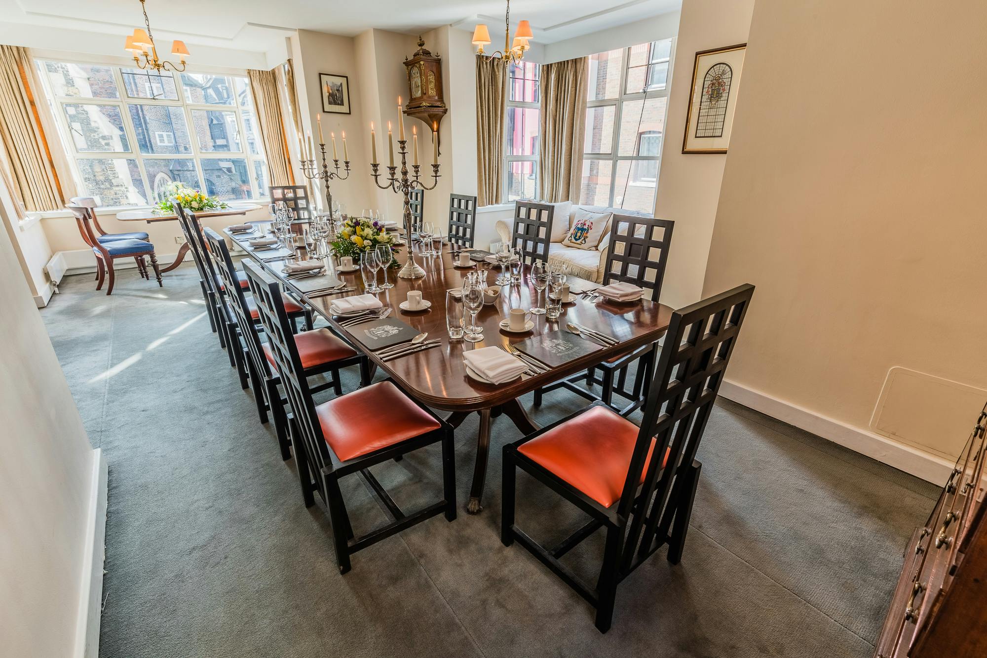 Elegant dining table in Founders' Hall for upscale events and meetings.