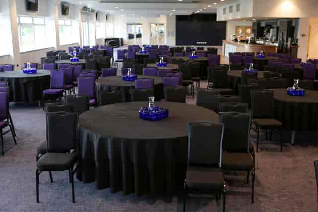 Fairwood Suite banquet setup at Chelmsford City Racecourse for gala or awards dinner.