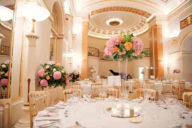 Elegant Lansdowne Club ballroom with formal table settings for luxury wedding and gala events.