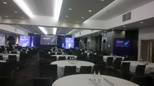 Lansdown Suite at Ashton Gate Stadium, ideal for conferences and banquets with modern setup.