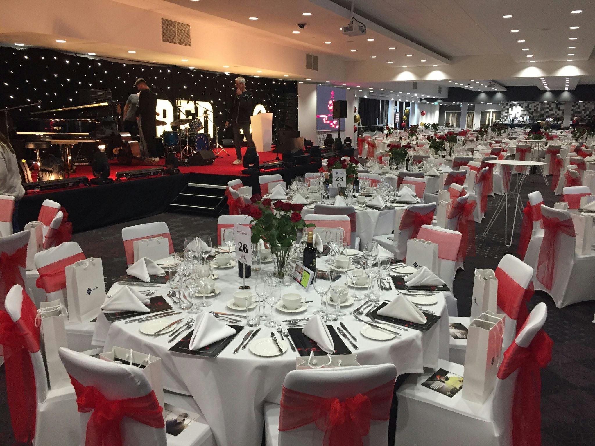 Elegant banquet hall in Lansdown Suite, Ashton Gate Stadium, perfect for corporate events.