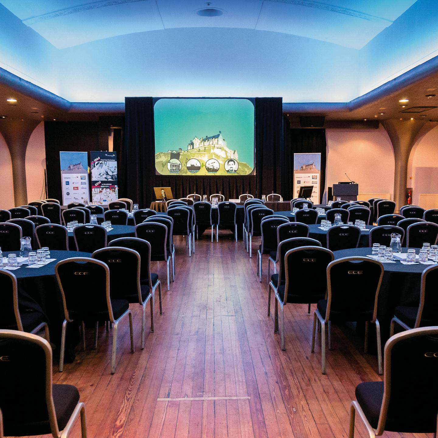 Event space at O2 Academy Edinburgh with round tables for corporate meetings.