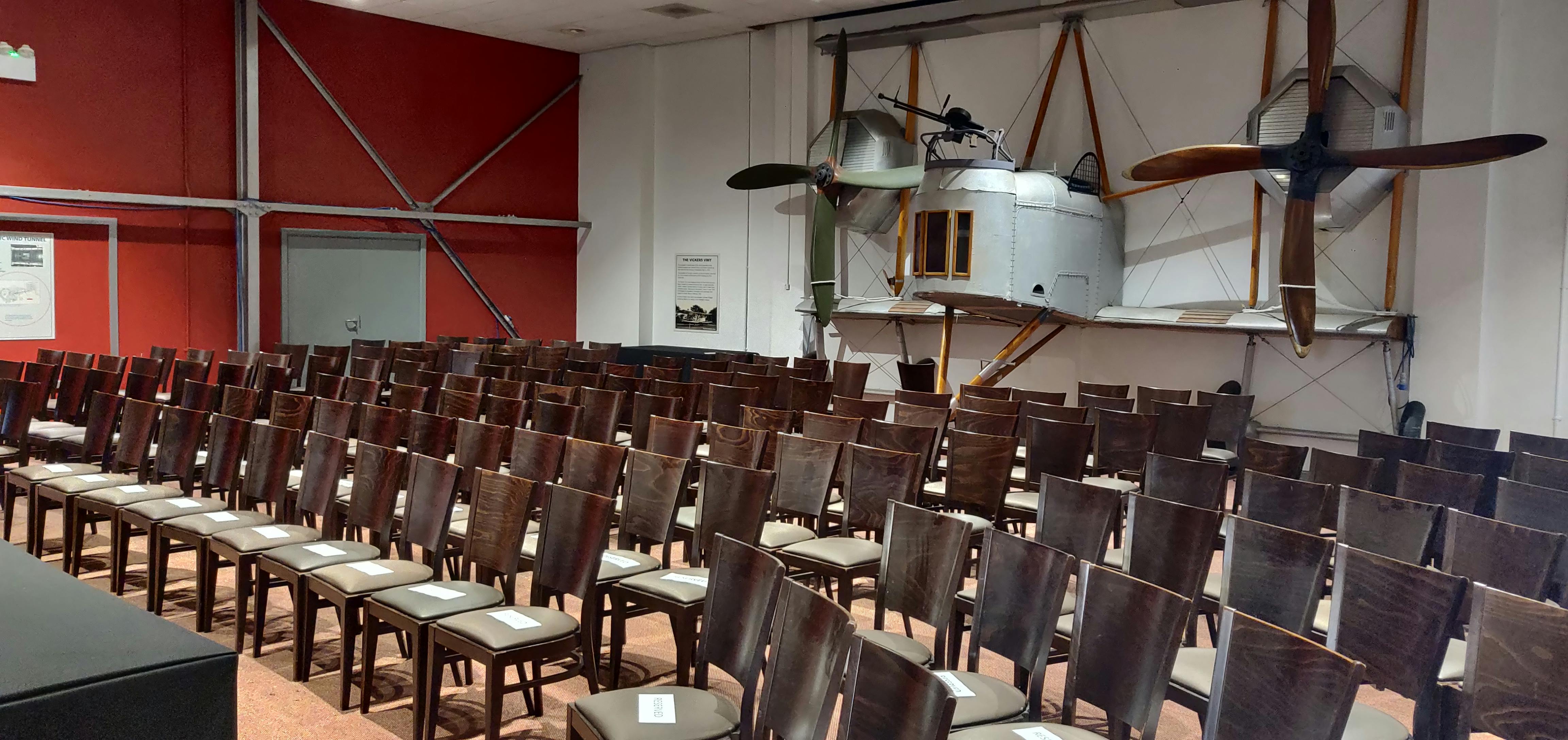 Vickers Suite at Brooklands Museum, featuring vintage aircraft backdrop for conferences.