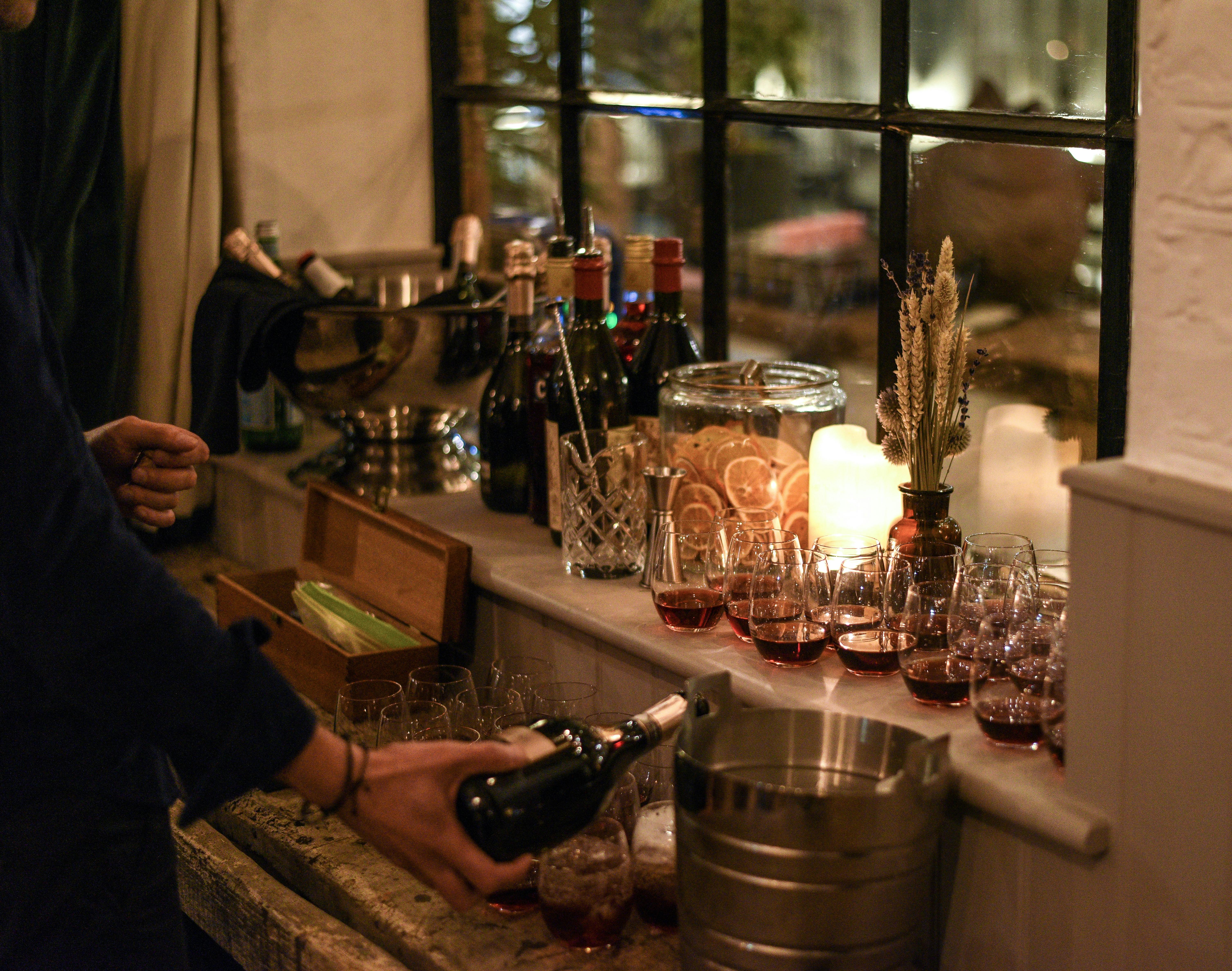 Elegant beverage station in The Green Room, perfect for networking events and celebrations.