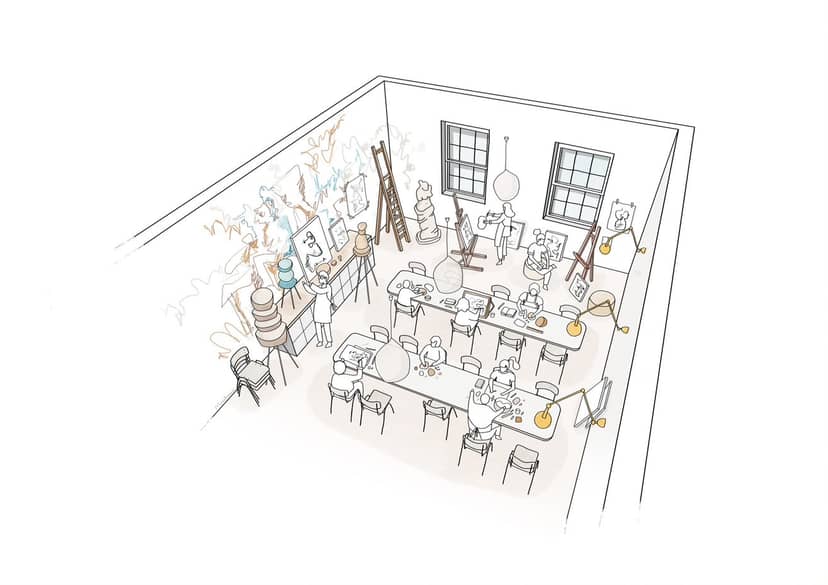 Art studio meeting space with long table, ideal for workshops and brainstorming sessions.