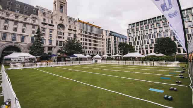 Outdoor event space at Festibowl with manicured lawn, ideal for corporate gatherings.
