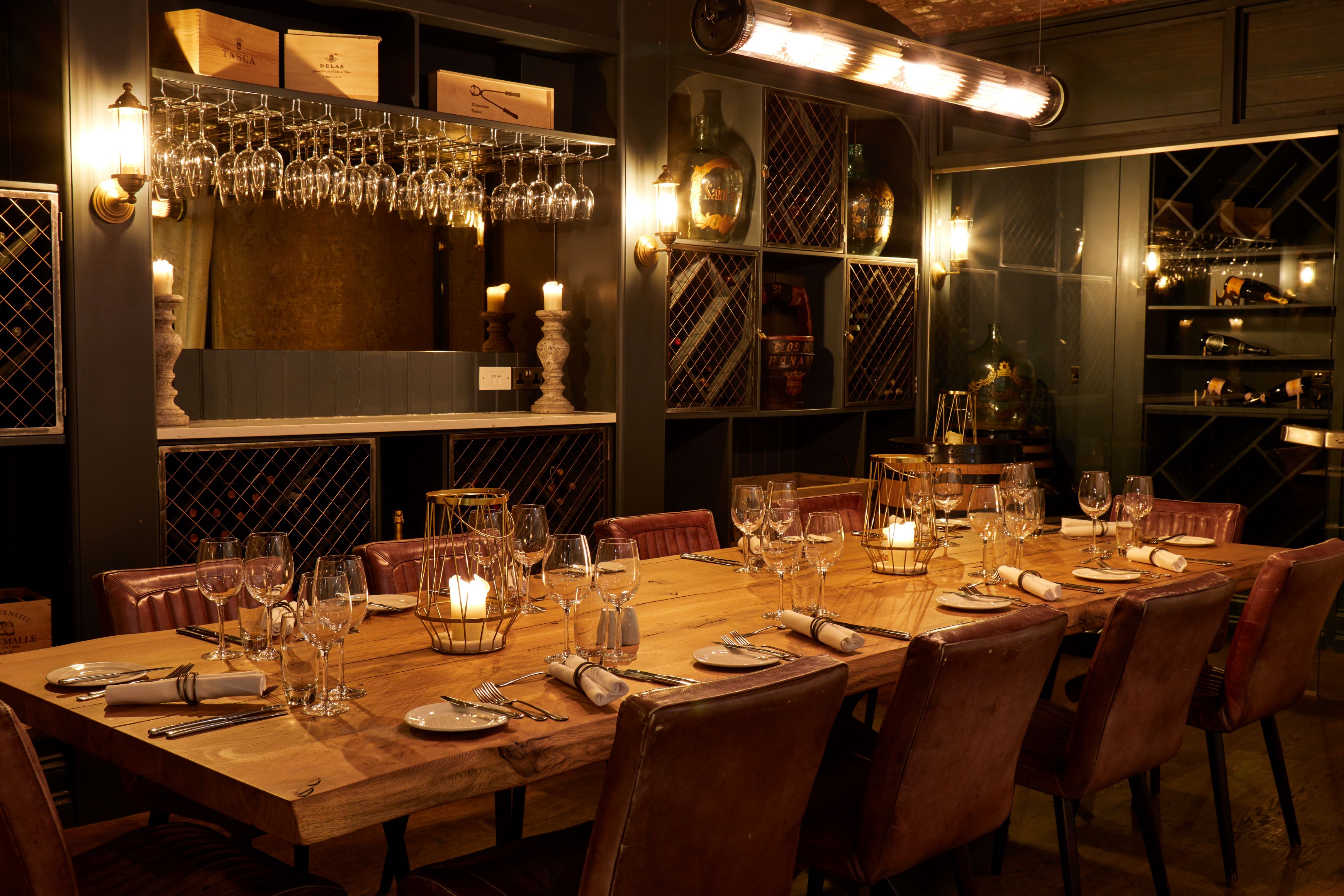 Elegant dining table in The Wine Cellar, perfect for private events and corporate dinners. - Banner
