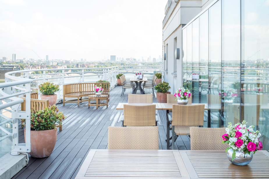Bridges Suite rooftop terrace at Chelsea Harbour Hotel, ideal for upscale events and gatherings. - Banner