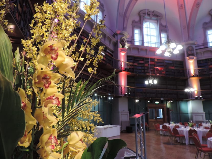 Elegant event space at Queen Mary Venues, featuring floral decor and sophisticated atmosphere.