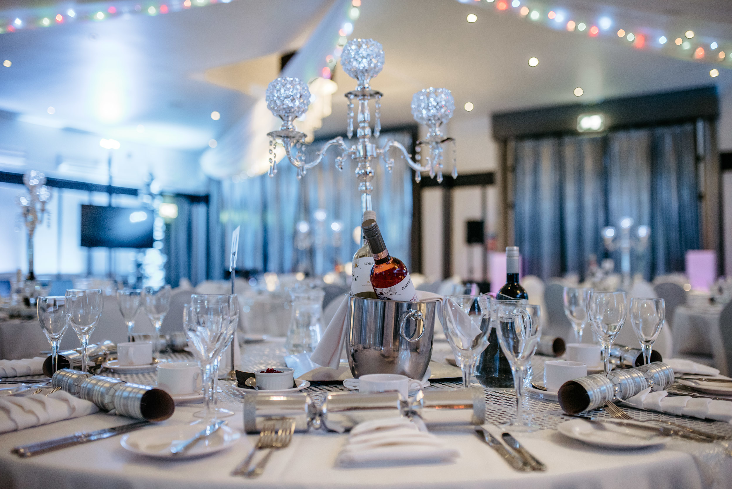 Elegant banquet table in Crowne Plaza Felbridge's Grand Ballroom for weddings and galas. - Banner