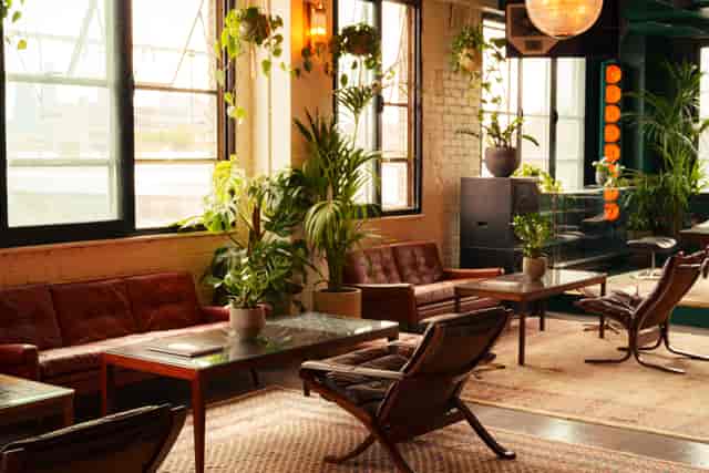 Corporate retreat breakout space at NT's Loft featuring biophilic design and vintage furniture.