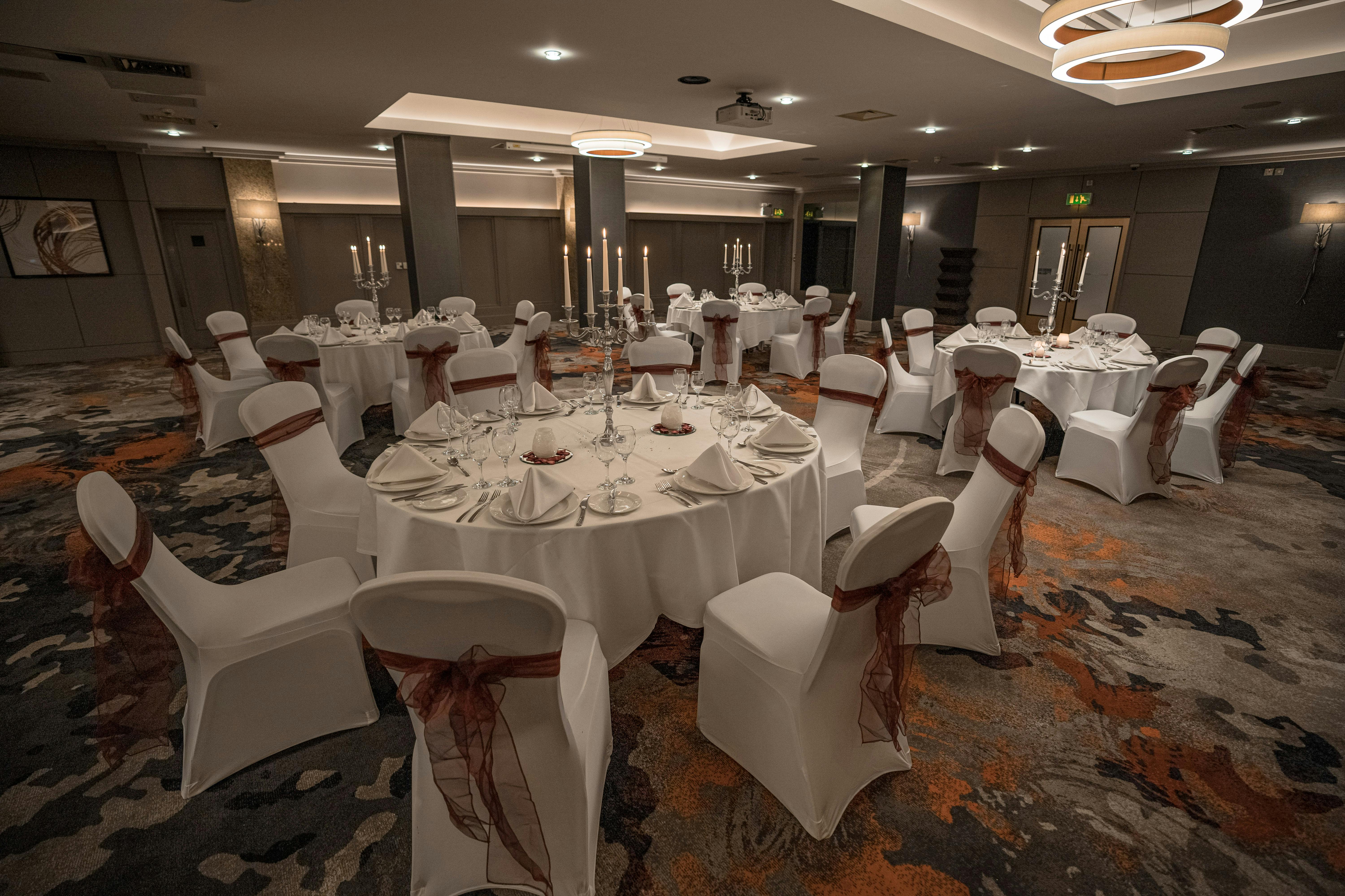 Elegant banquet room in Ivy Suite, The Crown London Hotel for weddings and corporate events.