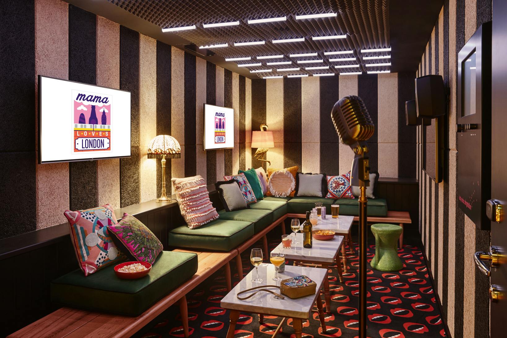 Private Karaoke room in Mama Shelter London, vibrant decor for intimate gatherings and workshops.