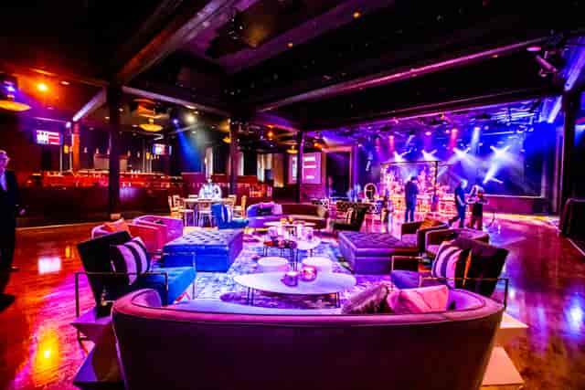 Commodore Ballroom event space with stylish seating, ideal for corporate gatherings and parties.