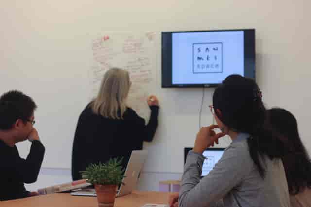 Collaborative meeting at San Mei Gallery with brainstorming on a whiteboard.