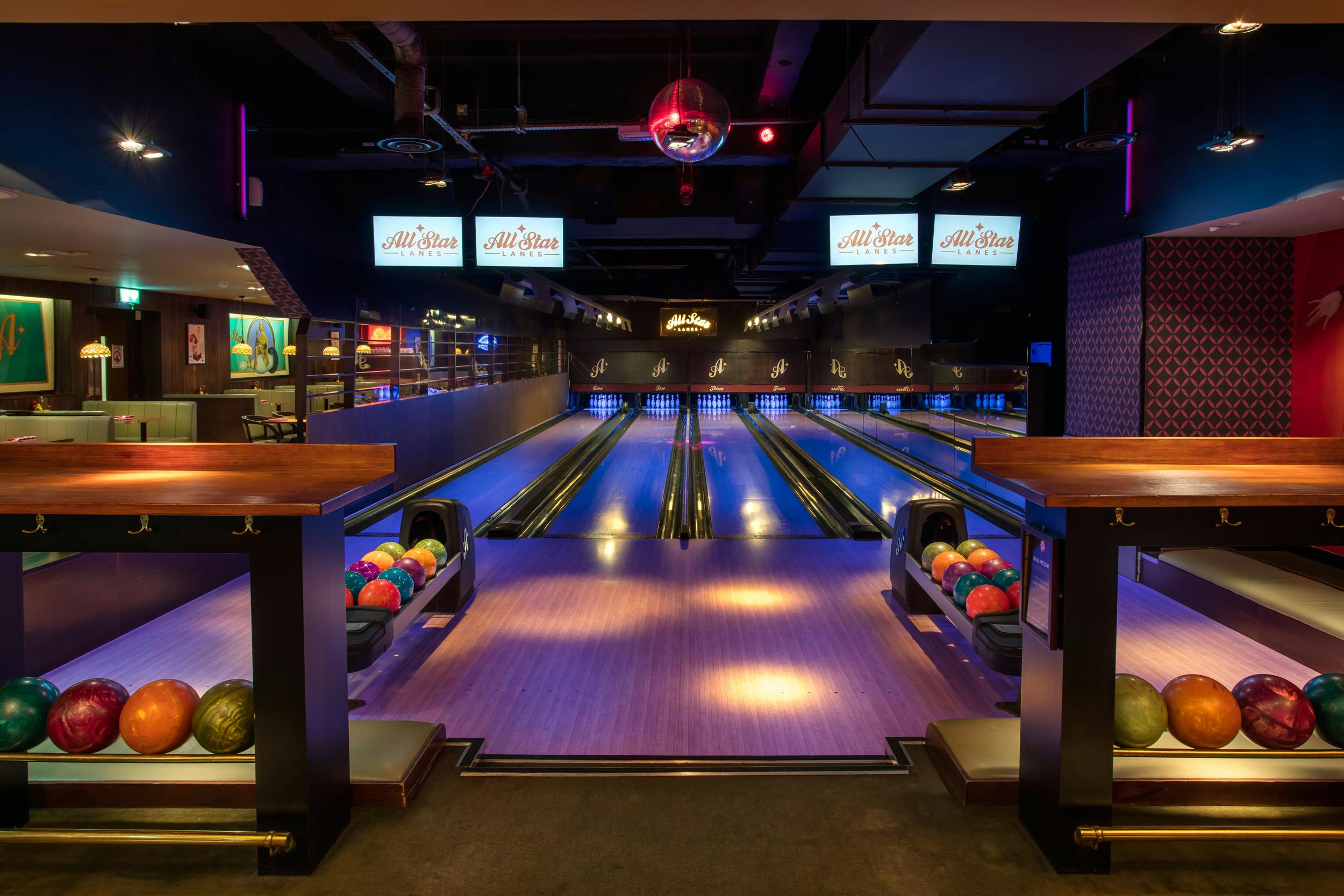Vibrant bowling alley in All Star Lanes Holborn for corporate events and team-building.