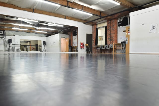 Dance Studio 1 at The Dance Studio Leeds, featuring polished floors for workshops and events.