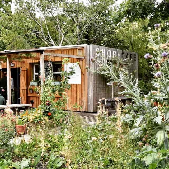 Rustic café venue with wooden structure, ideal for outdoor events and team-building.
