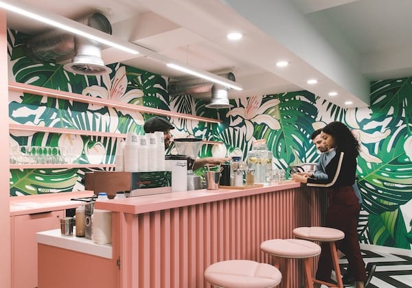 Dylan in a tropical-themed café with lush greenery, ideal for networking events.