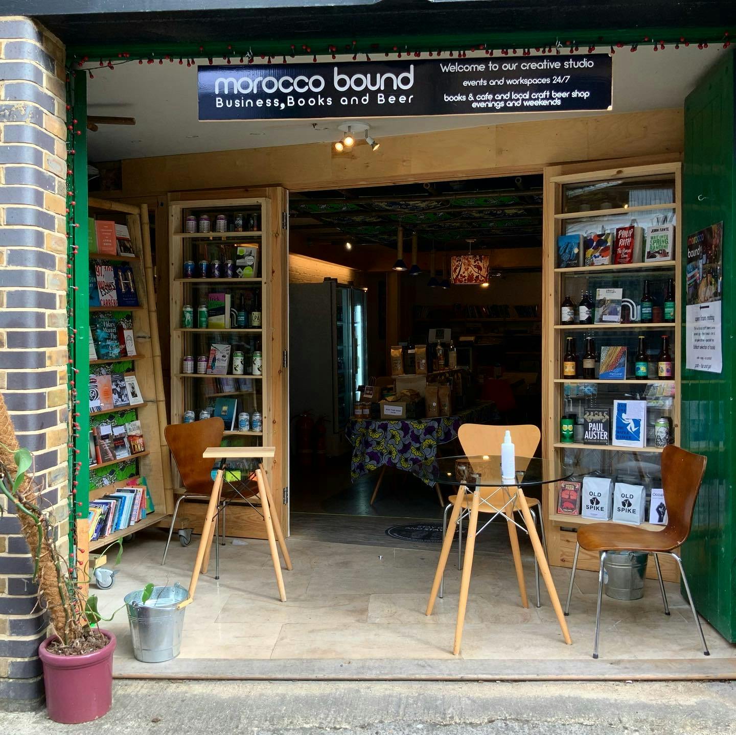 Cozy event space in Morocco Bound Bookshop, perfect for workshops and networking.