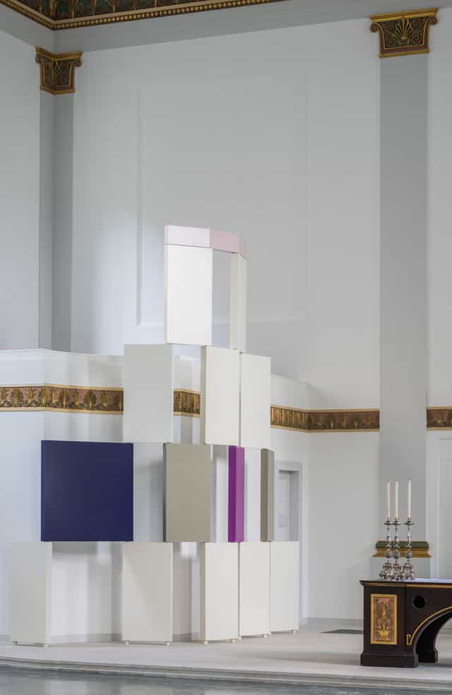 Modern minimalist installation in St John's Church, ideal for events and meetings.