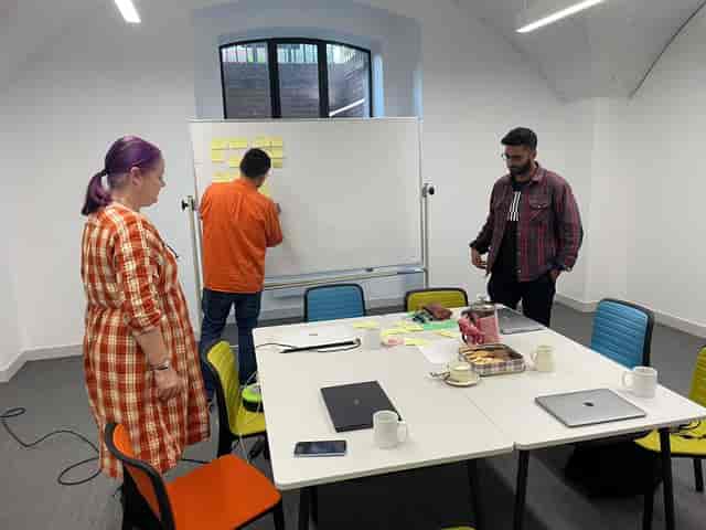 Meeting room in St John's Church Waterloo with interactive whiteboard for collaborative brainstorming.