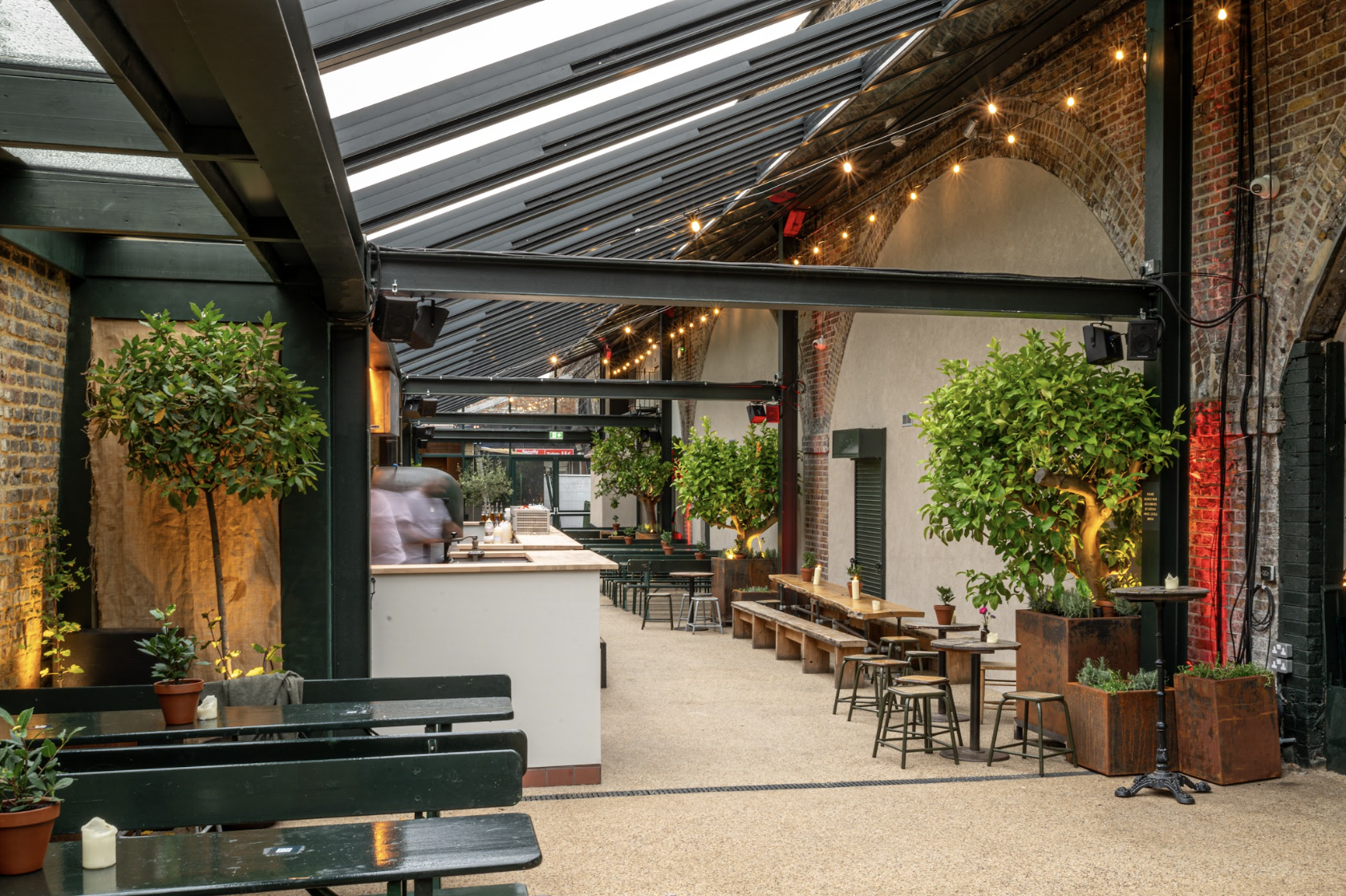 Versatile event space with glass roof and greenery, ideal for gatherings and formal events.