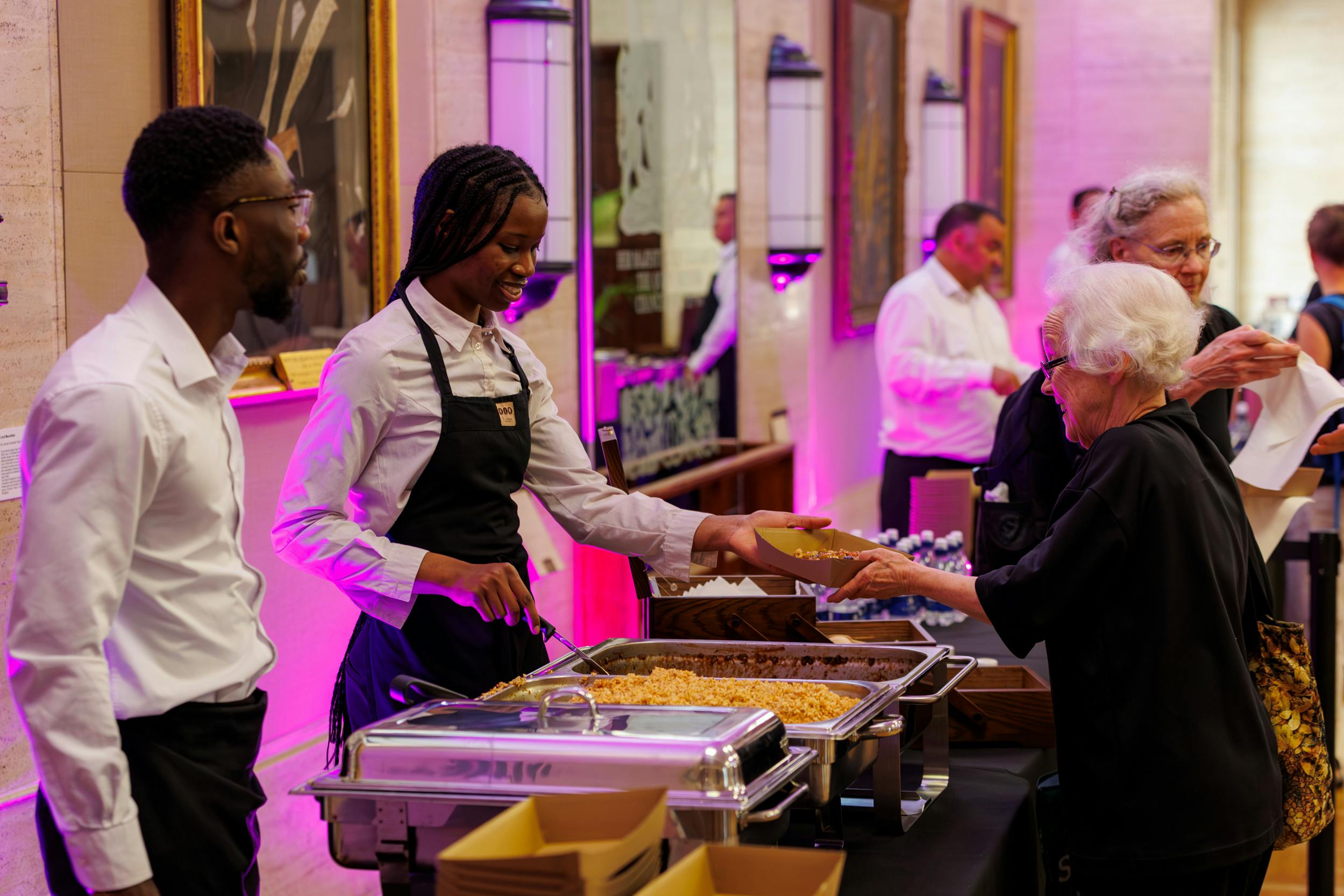 Catering setup at MacMillan Hall, University of London for elegant events and celebrations.