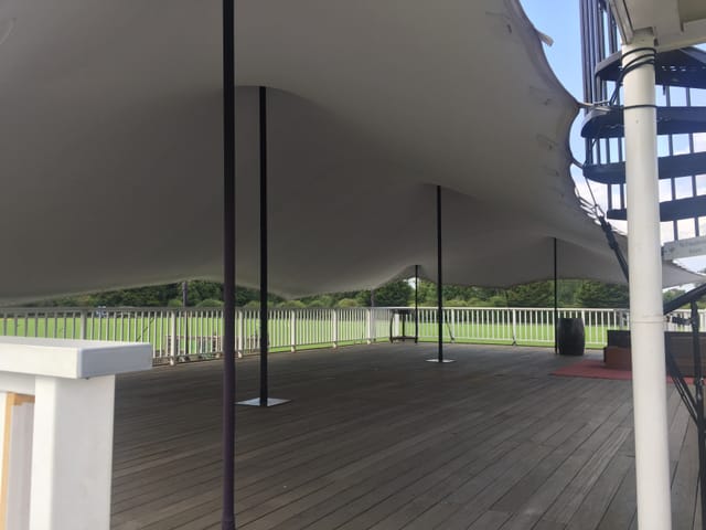 Rooftop Terrace at Ham Polo Club with fabric canopy, ideal for weddings and events.