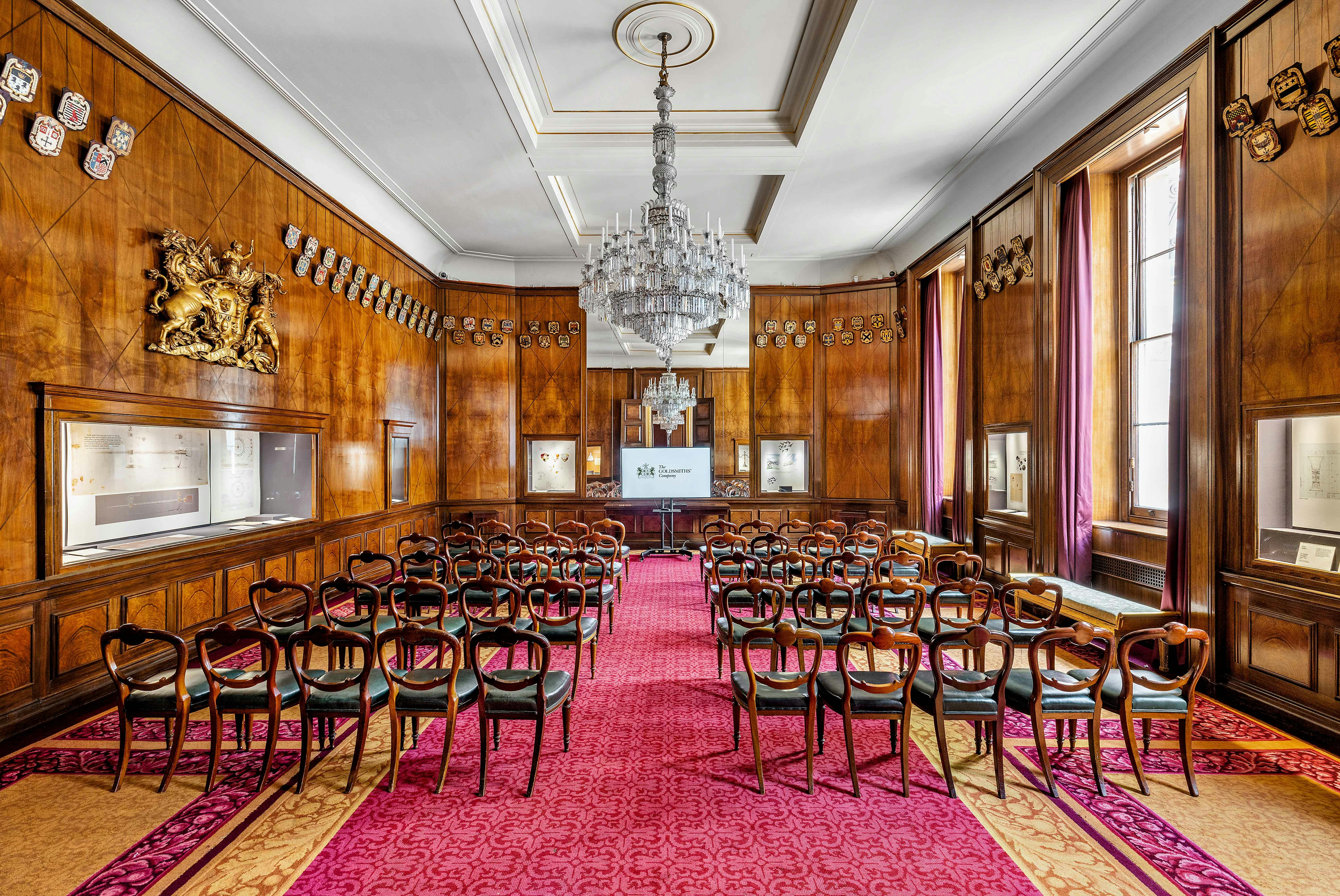 Elegant meeting room at Goldsmiths' Hall, perfect for seminars and presentations.