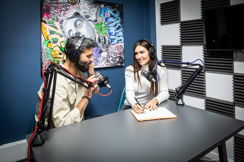Podcast recording room with quality microphones for engaging discussions and interviews.