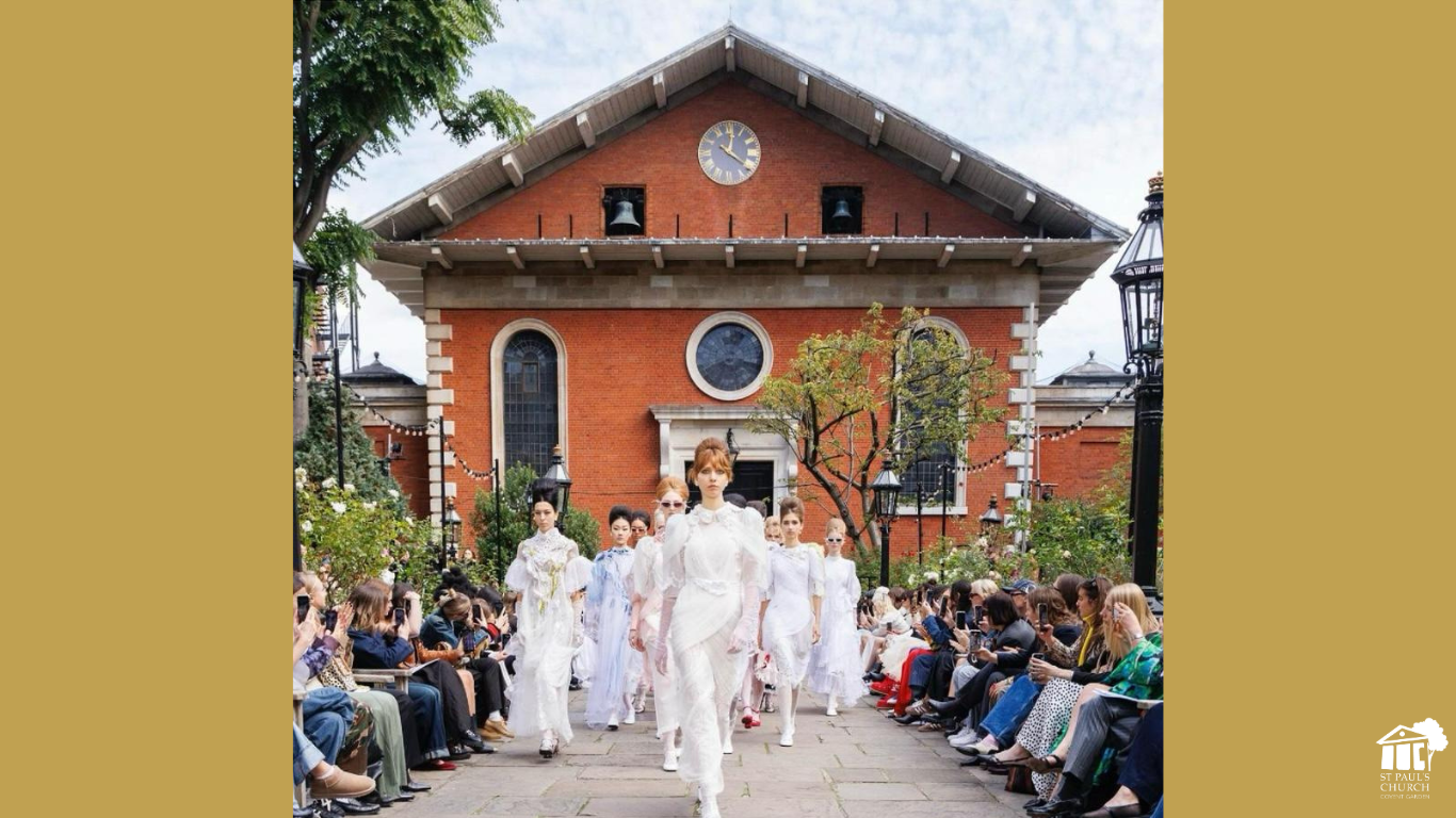 Outdoor fashion show at St Paul's Church Covent Garden with elegant models and historic backdrop. - Banner