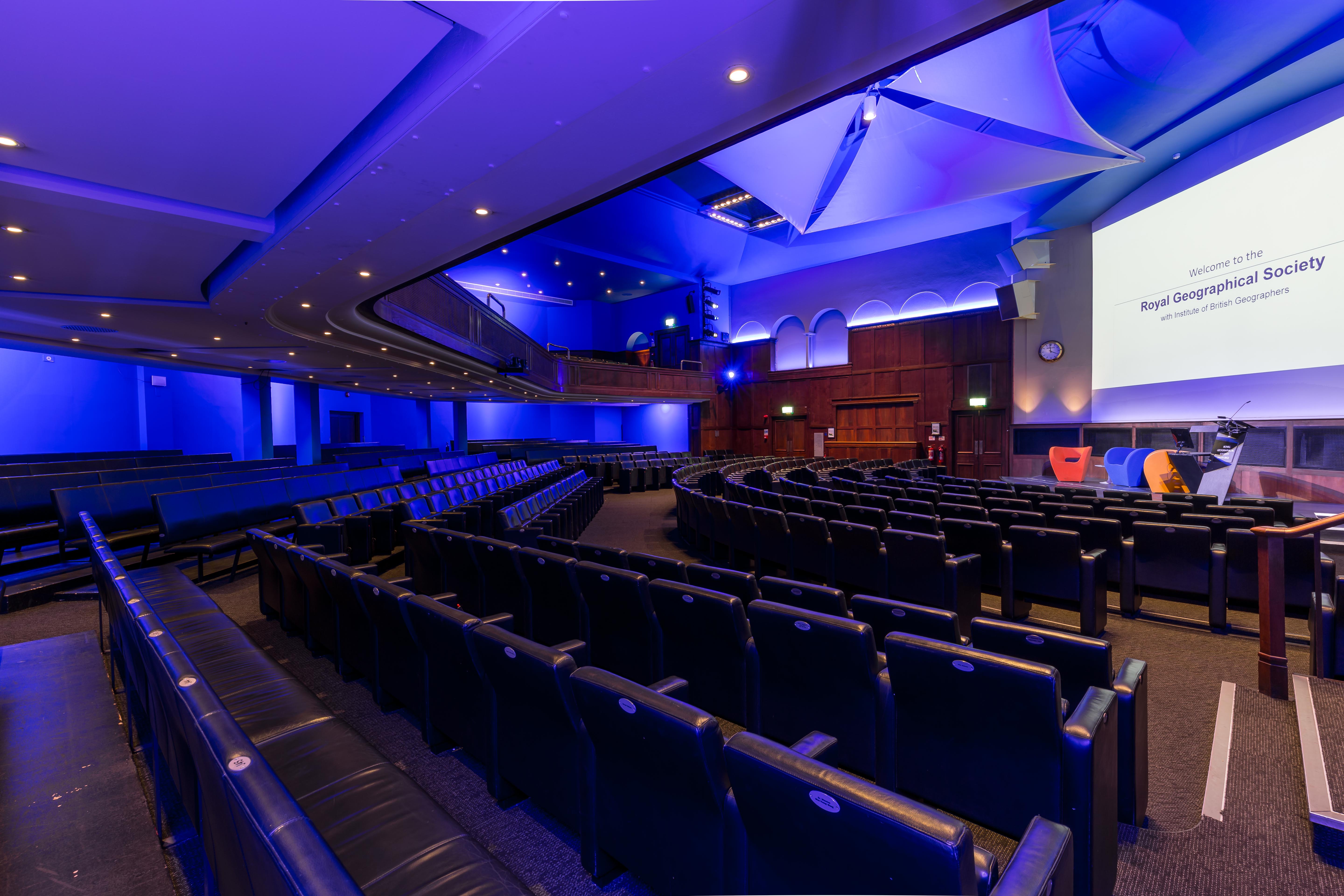 Ondaatje Theatre at Royal Geographical Society, modern auditorium for conferences and presentations. - Banner