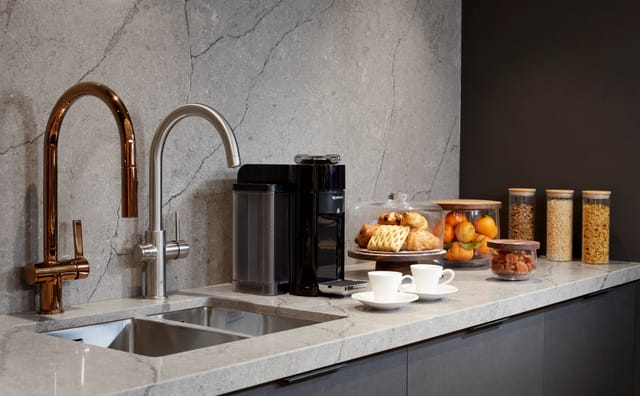 Sleek refreshment station at The Pantry, Holmes Hotel London for meetings and events.