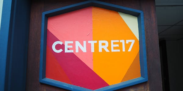 Vibrant Centre17 venue sign, modern design for creative meetings and events.