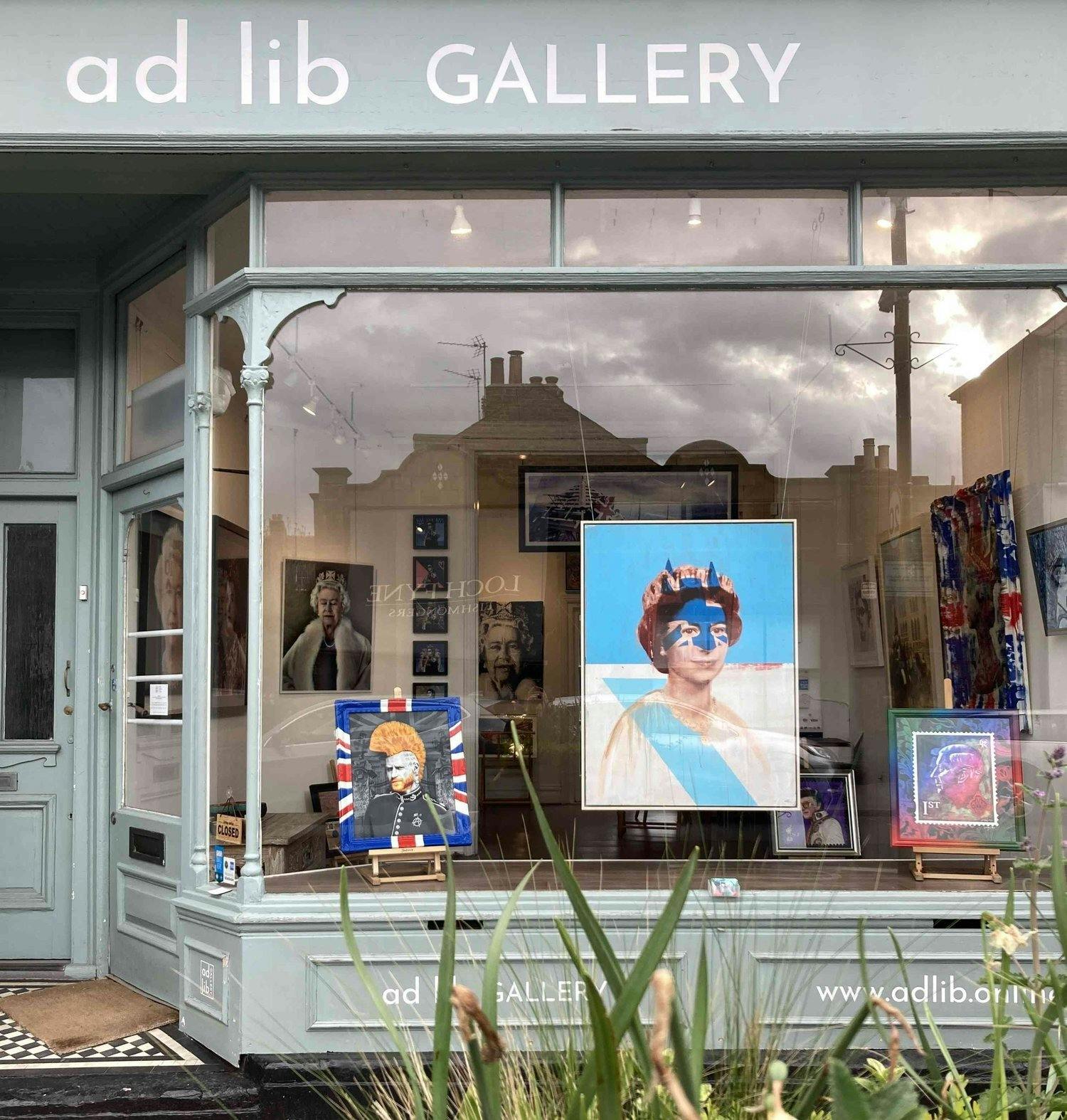 Vibrant art gallery window display, perfect for art-themed events and workshops.