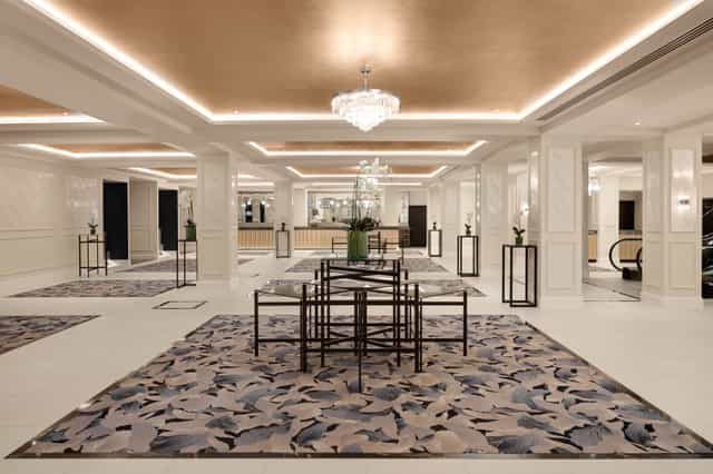 Arora Ballroom at Fairmont Windsor Park, elegant lobby for events with luxury chandeliers.