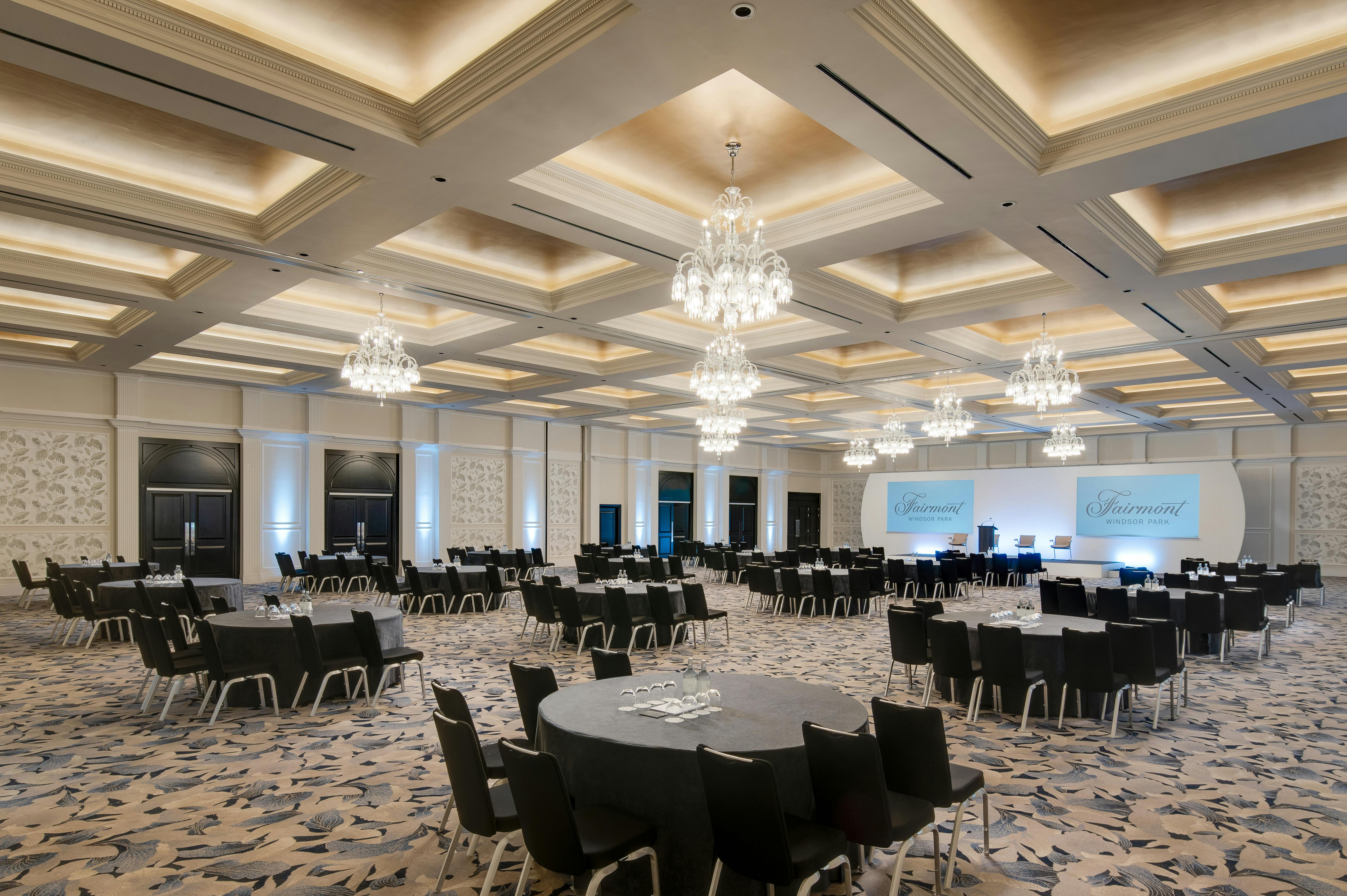 Elegant Arora Ballroom at Fairmont Windsor Park, perfect for conferences and gala events.